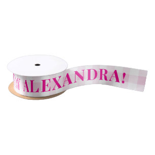 Pale Pink Gingham Plaid and Fuchsia Happy Birthday Satin Ribbon
