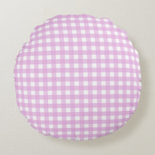 Pale pink gingham round cushion (Front)