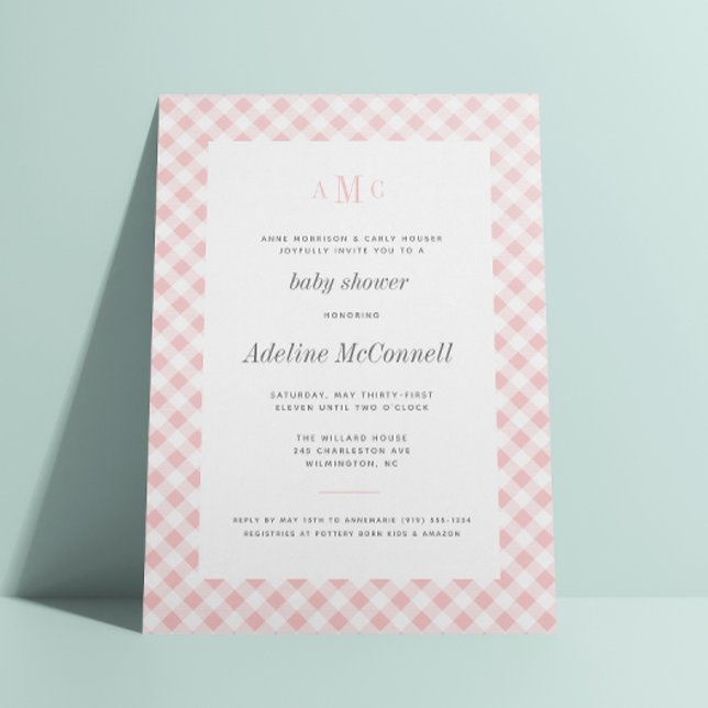 Pale Pink Gingham Traditional Baby Shower Invitation (Creator Uploaded)