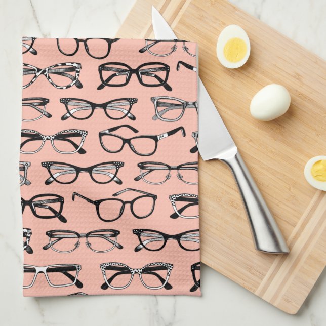 Pale Pink Glasses, Eyeglasses, Eyewear Tea Towel (Quarter Fold)