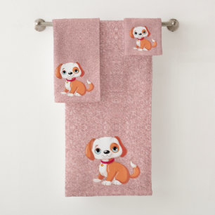 Pale Pink Glitter Background Cute Puppy Red Colla Bath Towel Set