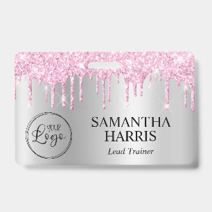 Pale Pink Glitter Drips Silver Shimmer ID Badge