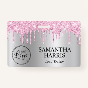 Pale Pink Glitter Drips Silver Shimmer ID Badge