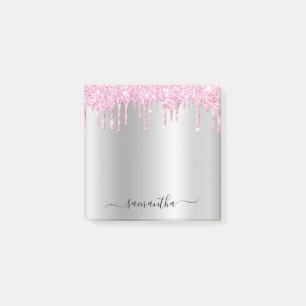 Pale Pink Glitter Drips Silver Shimmer Post-it Notes