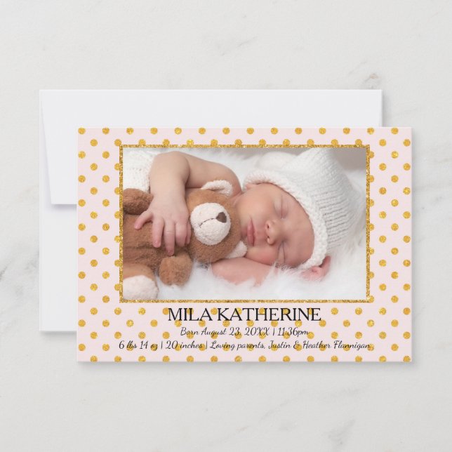Pale Pink Gold Glitter Dots-3x5 Birth Announcement (Front)