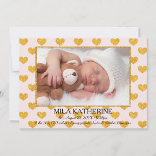 Pale Pink Gold Glitter Hearts -Birth Announcement