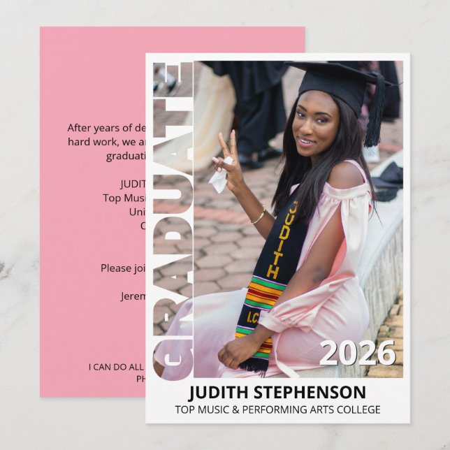 Pale Pink Graduation Class of 2026 Announcement (Front/Back)