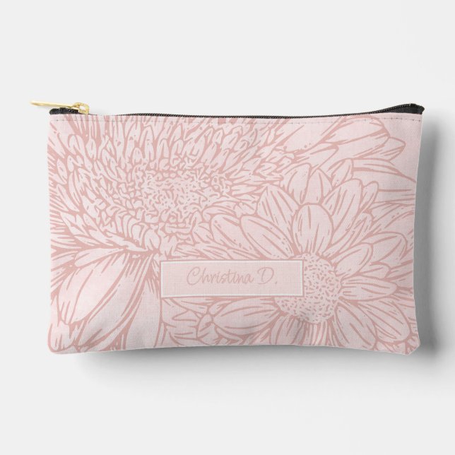 Pale Pink Grunge with Name and Chrysanthemums Accessory Pouch (Front)