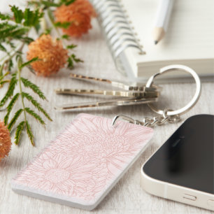 Pale Pink Grunge with Name and Chrysanthemums Key Ring