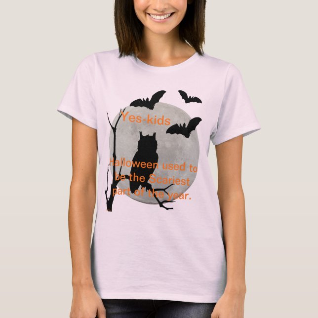 Pale Pink Halloween Owl & Bats T-Shirt (Front)
