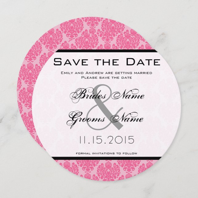 Pale Pink Hot Pink Damask Wedding Save the Date Invitation (Front/Back)