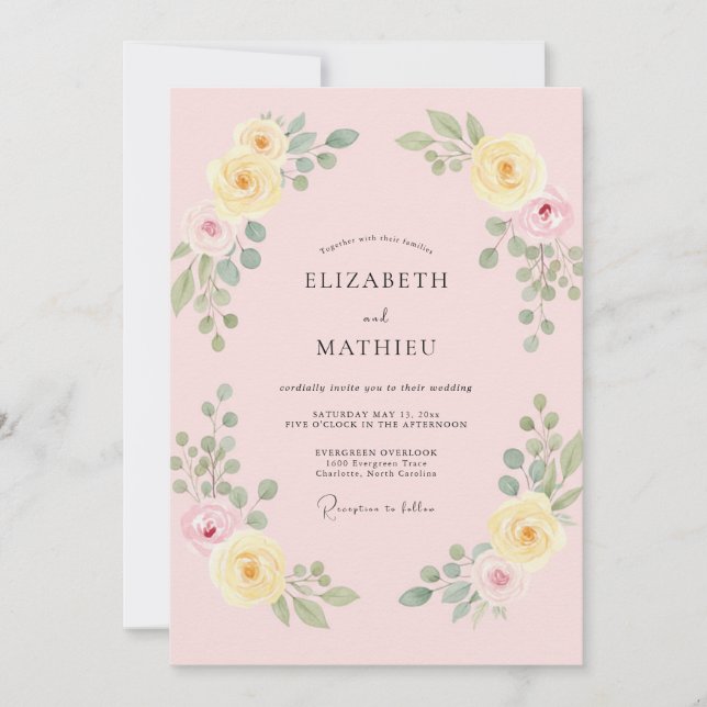 Pale Pink Lemon Rose Wedding Invitation (Front)