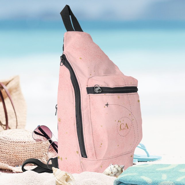 Pale Pink Minimalist Golden Monogram Aeroplane Sling Bag (Pale Pink Minimalist Golden Monogram Airplane Sling Bag ©Susanne Sachers - Sunny Wanderlust 🌞✈️)