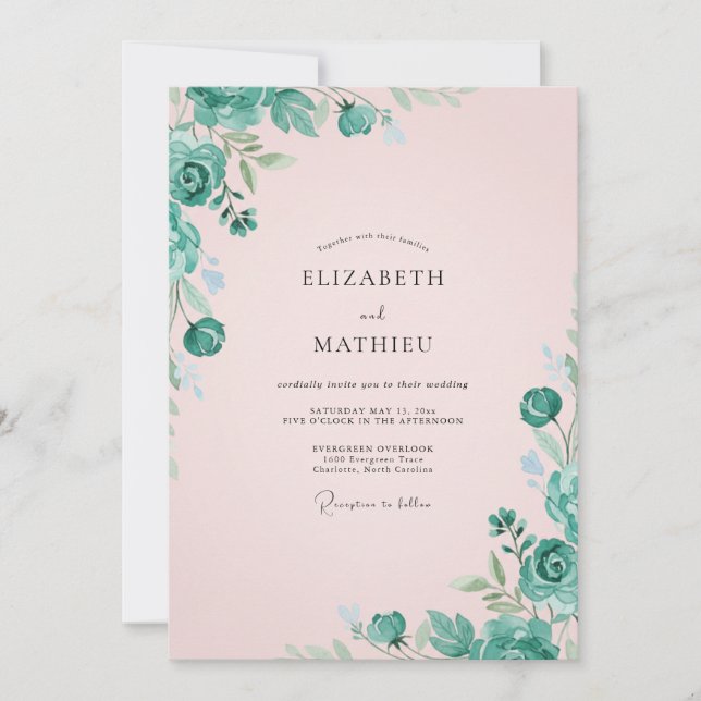 Pale Pink Mint Leafy Wedding Invitation (Front)