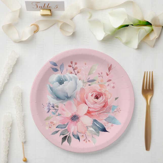 Pale Pink Peonies Floral Bouquet Shower Paper Plate (Wedding)