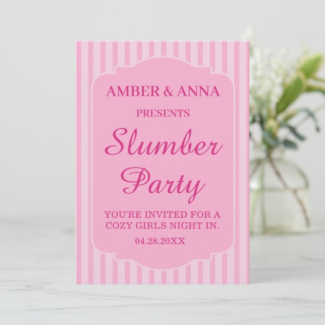PALE PINK PEROSNALIZED NAME SLUMBER PARTY INVITATION (Standing Front)