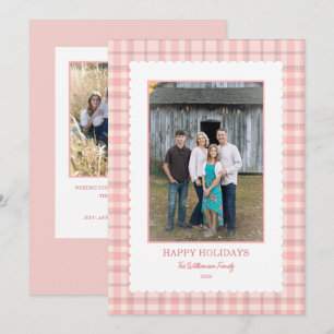 Pale Pink Plaid Scallop Frame Photo Christmas Holiday Card