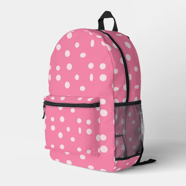 Pale pink polka dots on pink printed backpack (Back Corner Right)