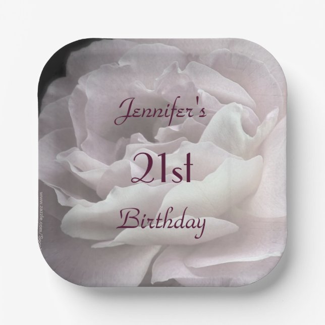 Pale Pink Rose, 21st Birthday Party, Name, Floral  Paper Plate (Front)