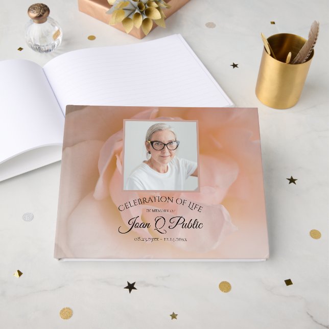 Pale Pink Rose Flower Celebration of Life Memorial Guest Book (Front Open)