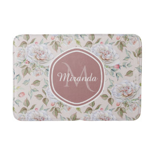 Pale Pink Rose Pattern With Monogram and Name Bath Mat
