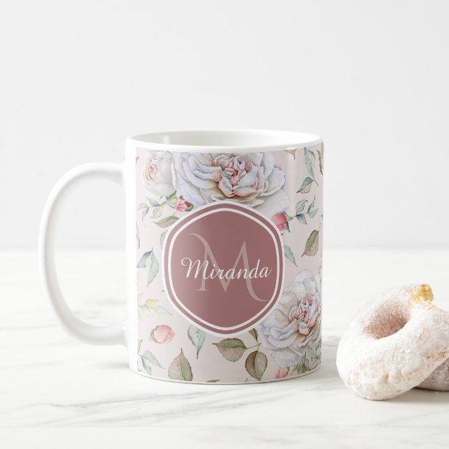 Pale Pink Rose Pattern With Monogram and Name Coffee Mug (With Donut)