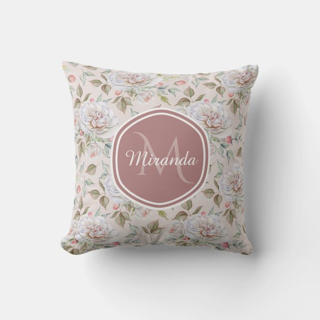 Pale Pink Rose Pattern With Monogram and Name Cushion (Front)