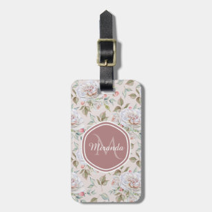 Pale Pink Rose Pattern With Monogram and Name Luggage Tag