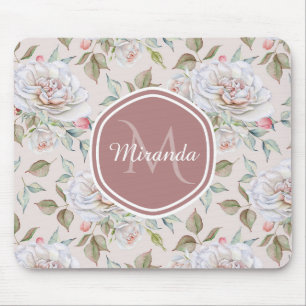 Pale Pink Rose Pattern With Monogram and Name Mouse Pad