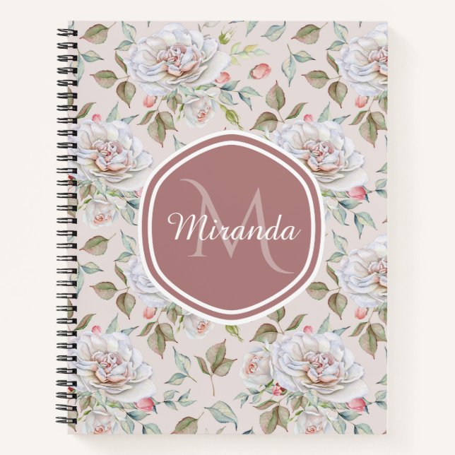 Pale Pink Rose Pattern With Monogram and Name Notebook (Front)