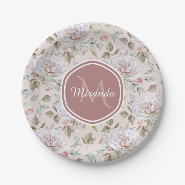 Pale Pink Rose Pattern With Monogram and Name Paper Plate (Front)