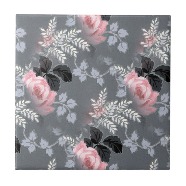 Pale Pink Roses And Grey Leafs Tile (Front)
