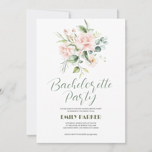 Pale Pink Roses Bouquet Bachelorette Invite  (Front)