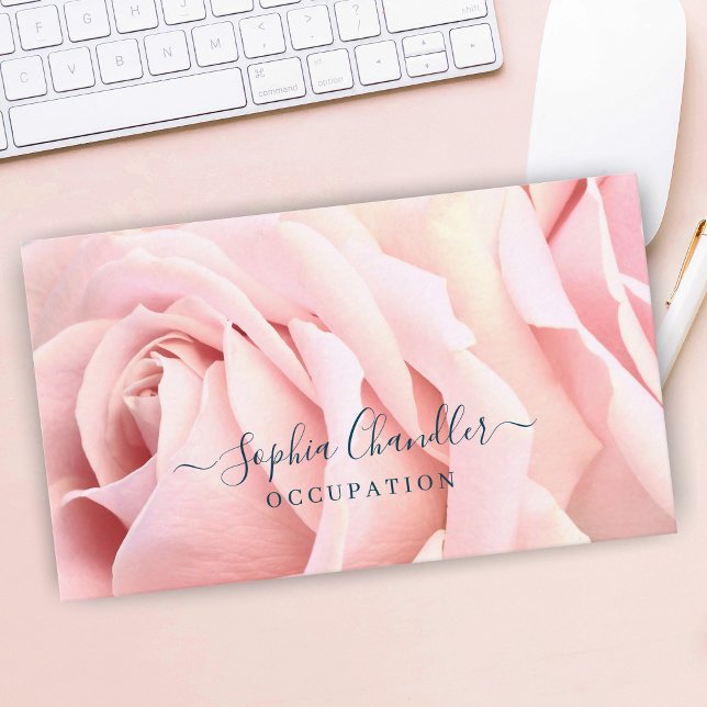Pale Pink Roses, Dark Blue Text, Classy Business Card (Creator Uploaded)