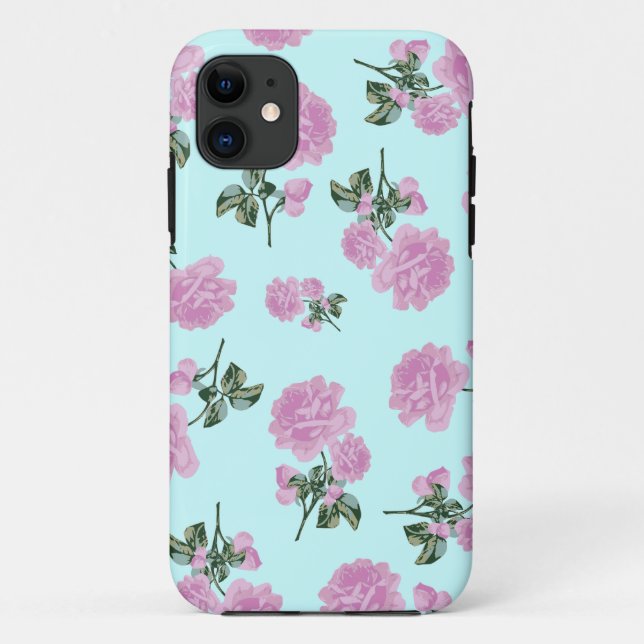 Pale Pink Roses - flower pattern on blue Case-Mate iPhone Case (Back)