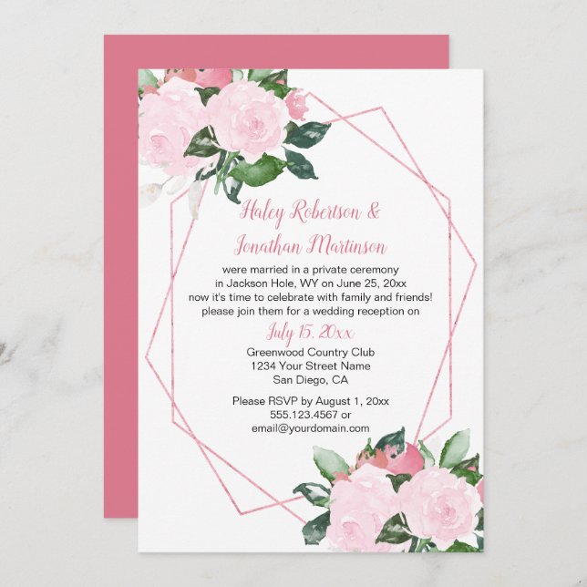 Pale Pink Roses Geometric Reception Only | Invitation (Front/Back)