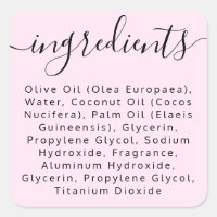 Pale pink script ingredient list product label