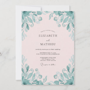 Pale Pink Teal Leafy Wedding Invitation