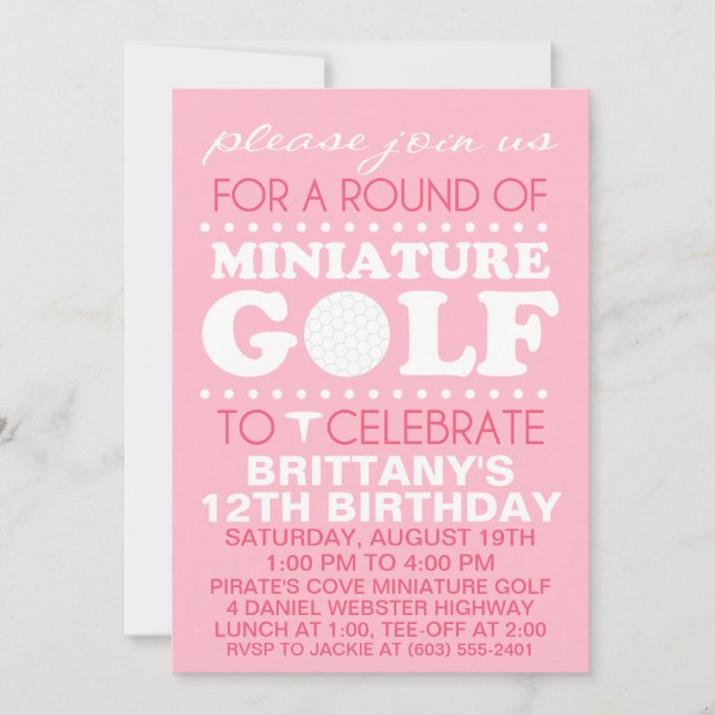 Pale Pink Tee Time Miniature Golf Birthday Party Invitation (Front)