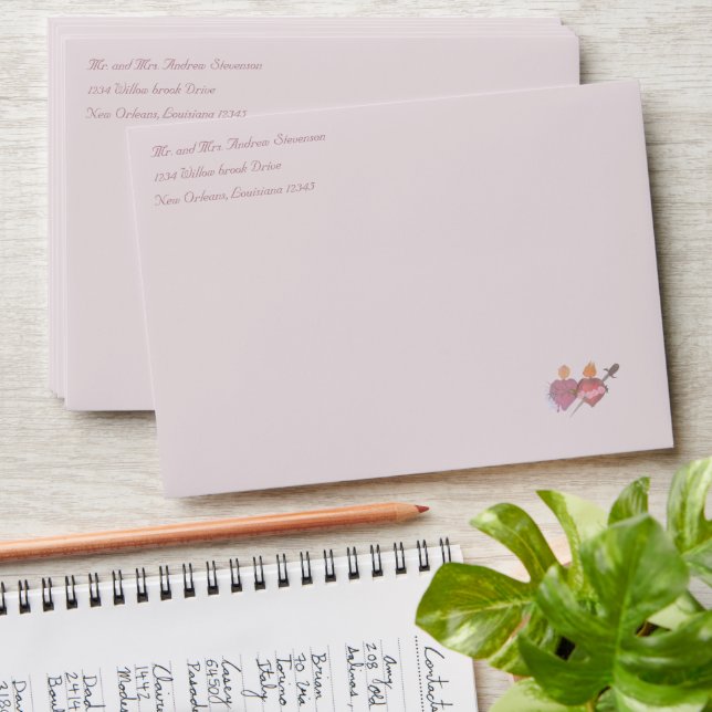 Pale Pink Two Hearts Catholic Wedding Invitation Envelope (Stacked)