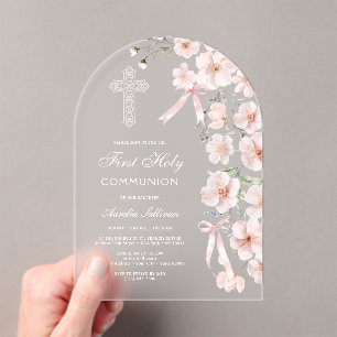 Pale Pink Wildflowers and Bows First Communion Acrylic Invitations