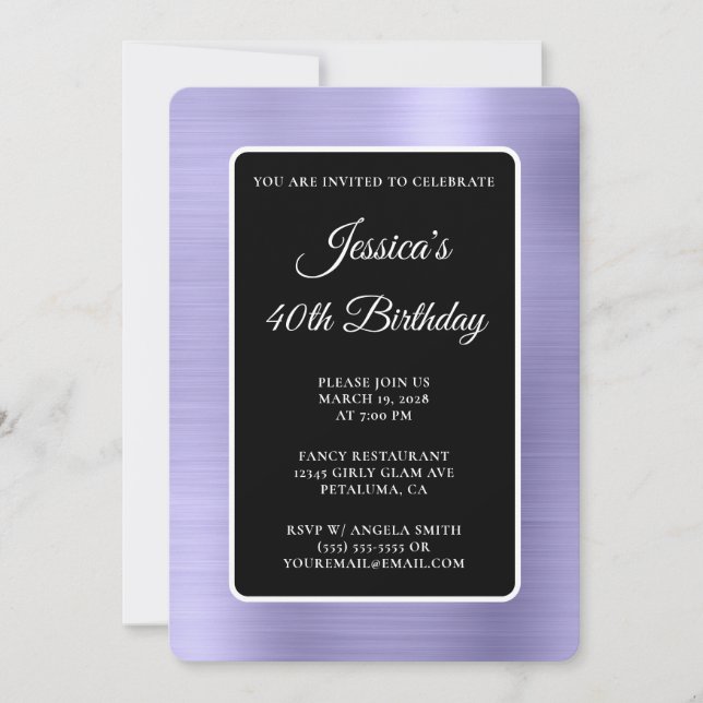 Pale Purple Foil Black and White 40th Birthday Invitation (Front)