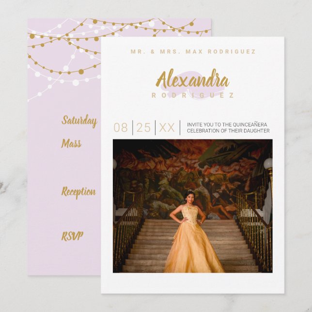 Pale Purple & Gold Photo Quinceanera Invitation (Front/Back)