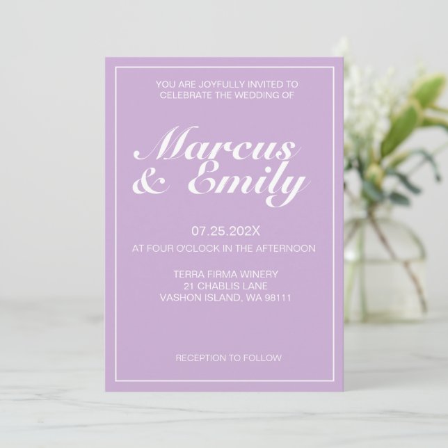 Pale Purple & White Modern Minimalist Wedding  Invitation (Standing Front)