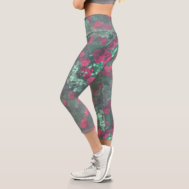 Pale Red Roses Green Leaves Flowers Capri Leggings (Left)