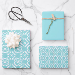 Pale Robin's Egg Blue & White Floral Lattice  Wrapping Paper Sheet
