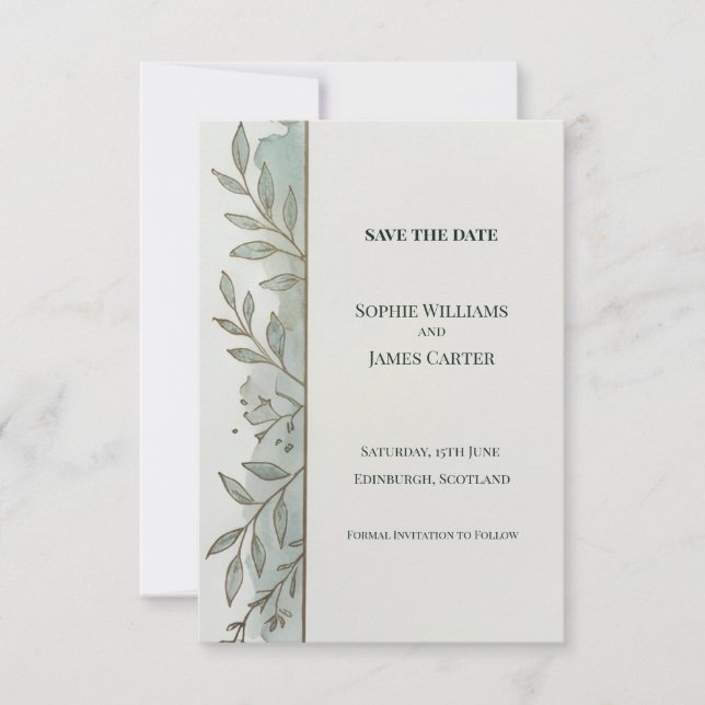 Pale Sage Botanical Save The Date Card (Front)