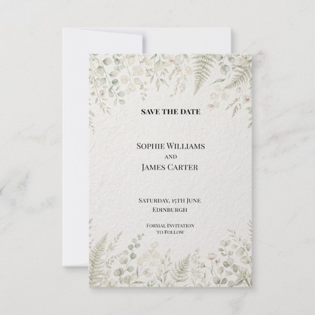 Pale Sage Eucalyptus Fern Wedding Save The Date (Front)