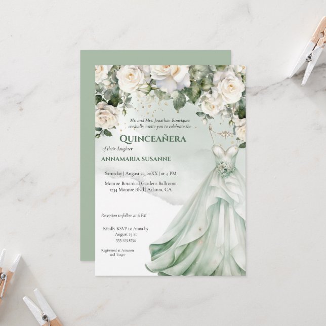 Pale Sage Green Floral Quinceañera Ball Gown |  I Invitation (Front/Back In Situ)