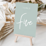 Pale Sage Green Hand Scripted Table FIVE Table Number<br><div class="desc">Simple and chic table number cards in Pale Sage Green and white make an elegant statement at your wedding or event. Design features "table [number]" in an eyecatching mix of classic serif and handwritten script lettering. Design repeats on both sides. Individually numbered cards sold separately; order each table number individually...</div>